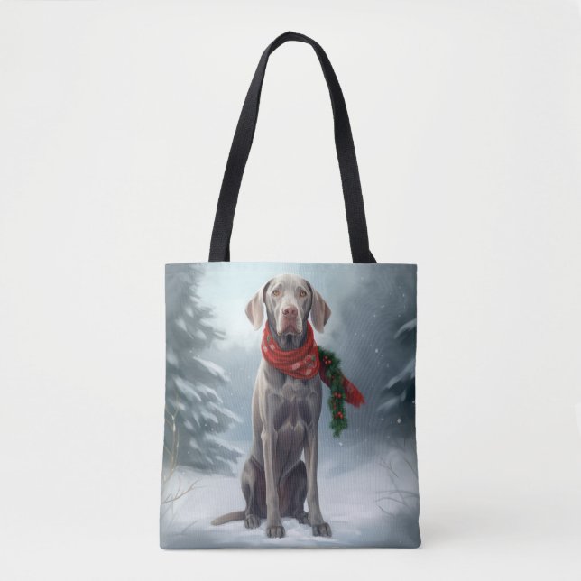 Tote Bag Chien Weimaraner à Noël de neige (Devant)