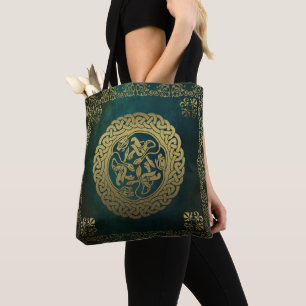 Tote Bag Chiens de noeud celtique foncé Washed Green Gold