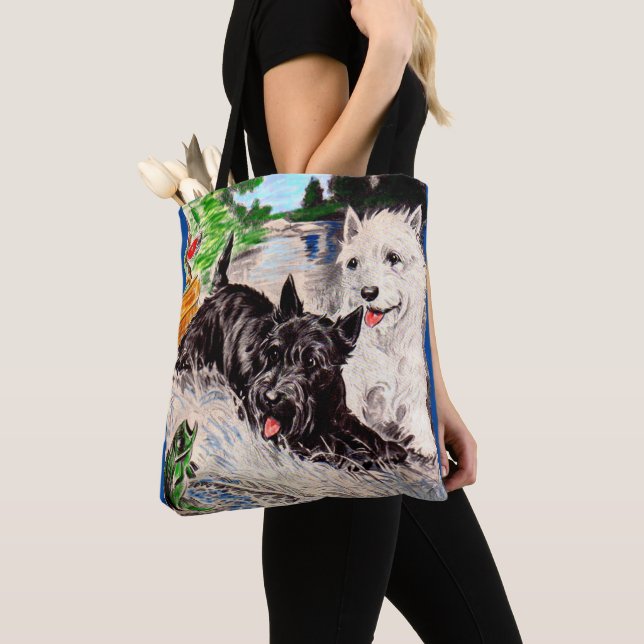 Tote Bag Chiens écossais Blackie et Whitie Fishing (De près)