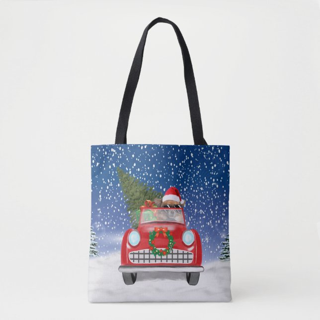 Tote Bag Chihuahua Chien Conduite Voiture En Noël De Neige (Devant)