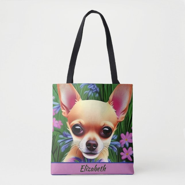 Tote Bag Chihuahua Puppy dans la prairie de fleurs Personna (Devant)