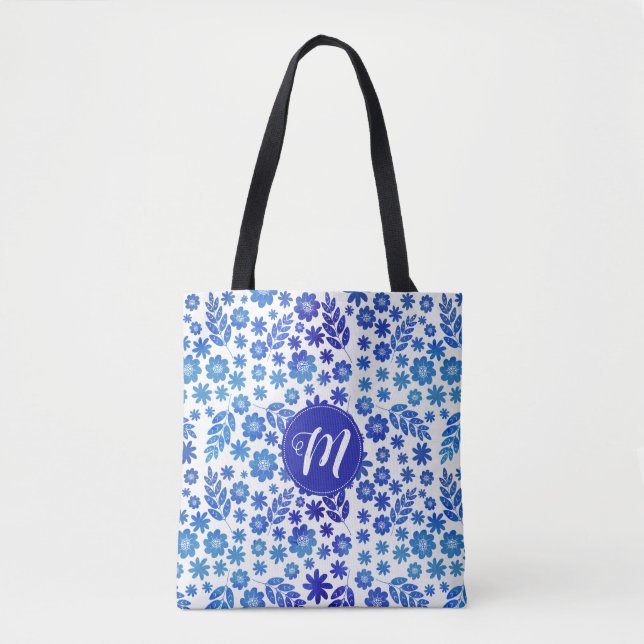 Tote Bag Chine bleue Tiré à la main motif floral & Monogram (Devant)
