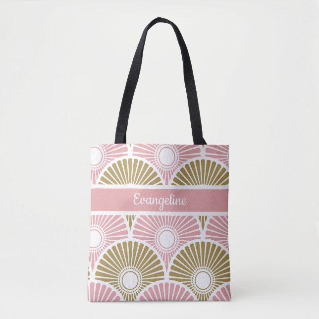 Tote Bag chinois rose et laiton Semi-cercle Motif vague (Devant)