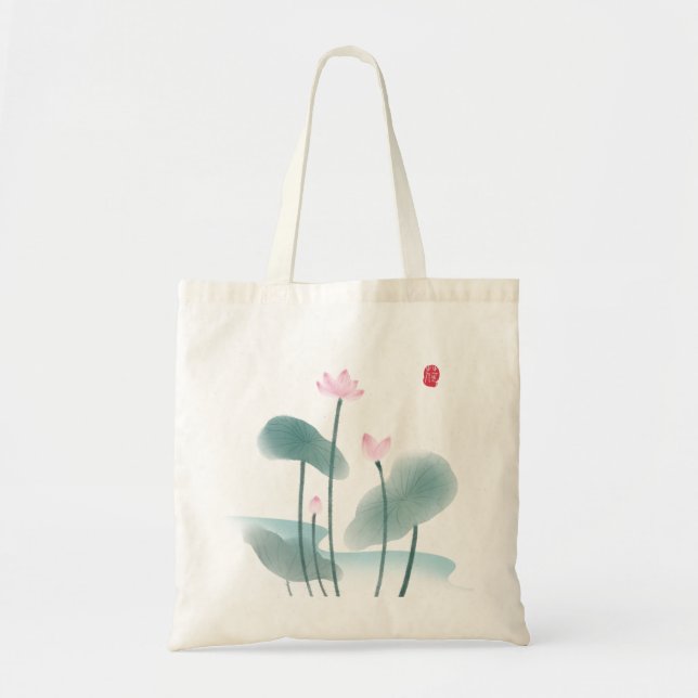 Tote Bag Chinoiserie Chinoise Lave-encre peinture Lotus Flo (Devant)