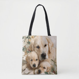 Tote Bag Chiots de la famille Golden Retriever Noël vintage