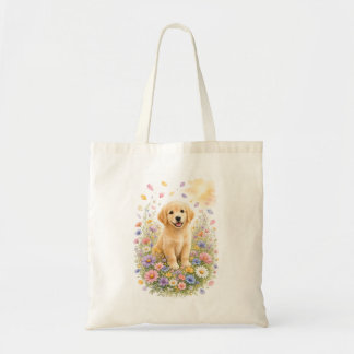 Tote Bag Chiots Retriever Doré dans des Fleurs Sauvages