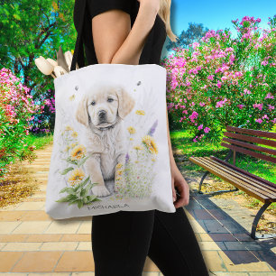 Tote Bag Chiots Retriever doré personnalisé dans les fleurs