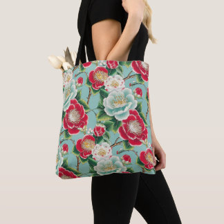 Tote Bag Chiyogami Camellias rouge et blanc Motif