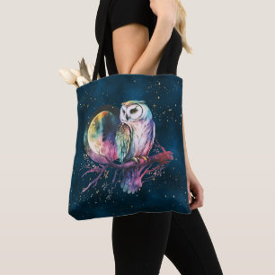 Tote Bag Chouette arc-en-ciel mystique et Pleine lune céles