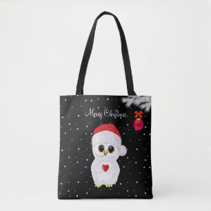 Tote Bag Chouette blanche de Noël sur noir
