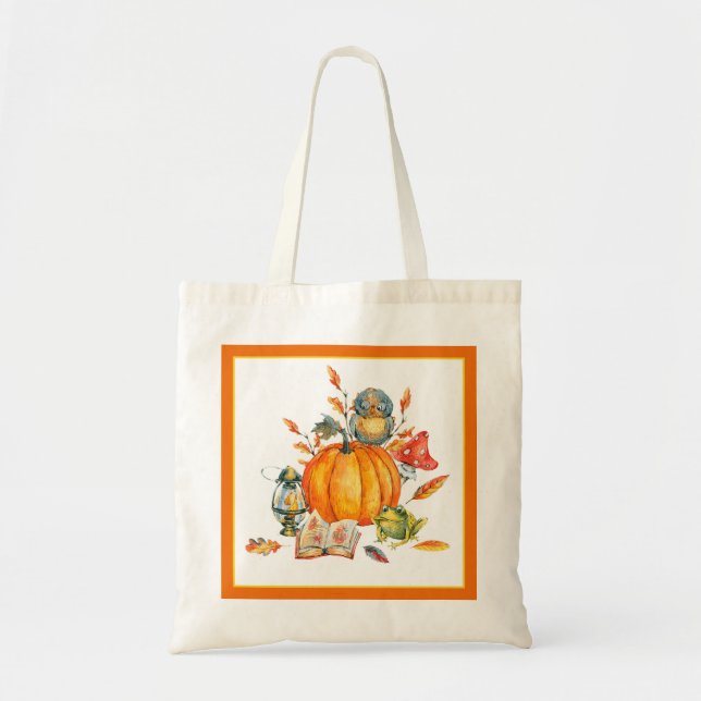 Tote Bag Chouette Citrouille et grenouille (Devant)