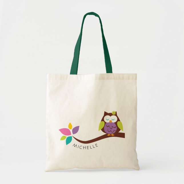 Tote Bag Chouette couleur mignonne sur une branche PERSONNA (Devant)
