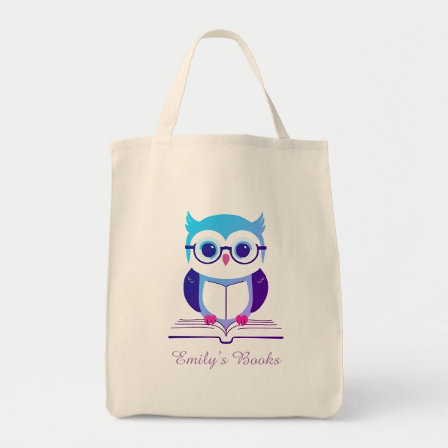 Tote Bag Chouette mignonne violette sur le livre livre bibl (Devant)