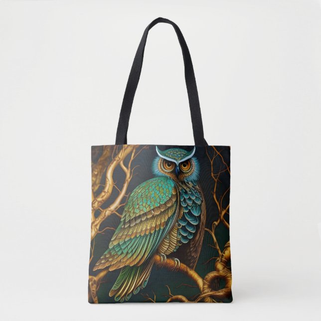 Tote Bag Chouette Turquoise et Or (Devant)