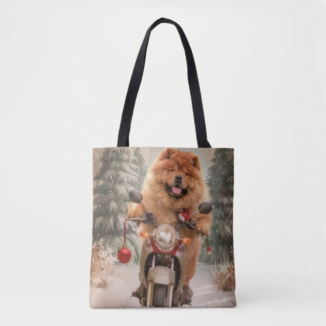 Tote Bag Chow Chow Chien chevauchant la moto Noël (Devant)