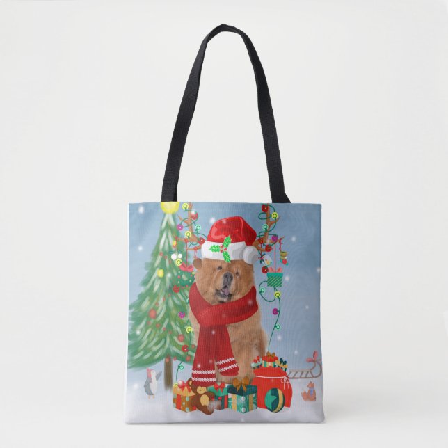 Tote Bag Chow Chow Chien en neige avec cadeaux de Noël (Devant)