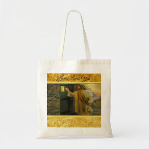 Tote Bag Christ frappe sur une porte Patinée en bois or