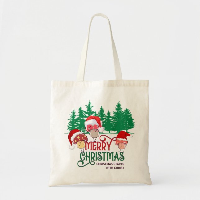 Tote Bag Christian MERRY CHRISTMAS MUSHROOMS en forêt (Devant)