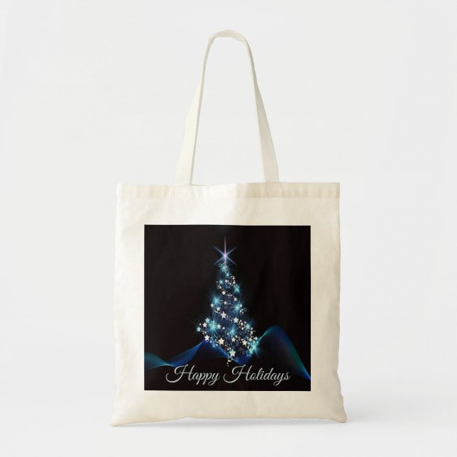 Tote Bag Christmas Party Blue Tree Shiny Black Elegant (Devant)