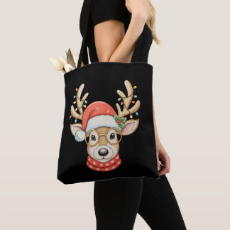 Tote Bag Christmas Reindeer Xmas Lights Glasses Santa Hat
