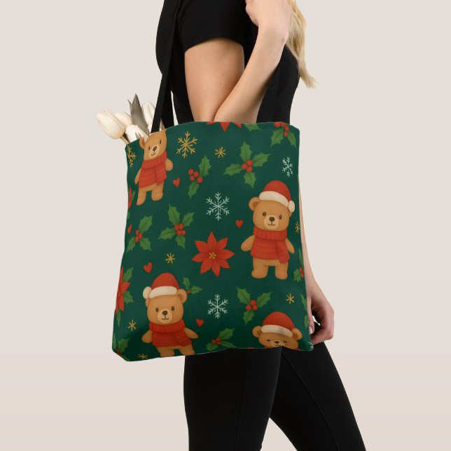 Tote Bag Christmas Teddy Bear Pattern – Cute Green Holiday  (De près)
