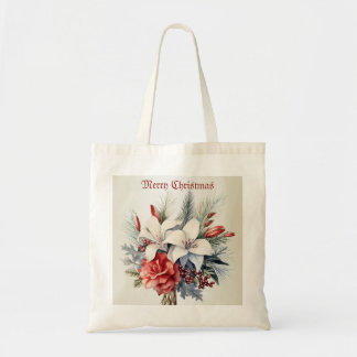 Tote Bag Christmas White Red Flowers Holidays Elegant