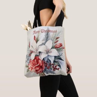 Tote Bag Christmas White Red Flowers Holidays Elegant