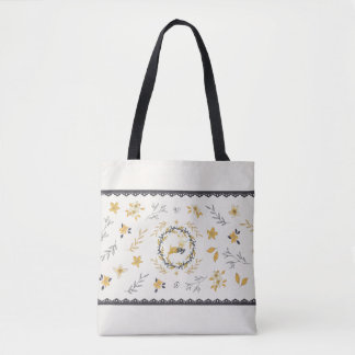 Tote Bag Christmastime Deer Yellow Cream Floral Blue