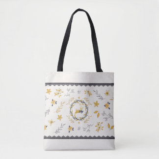 Tote Bag Christmastime Deer Yellow Cream Floral Blue