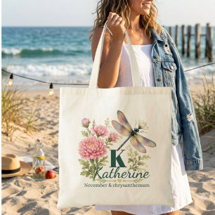 Tote Bag Chrysanthème et libellule, fleurs de naissance de