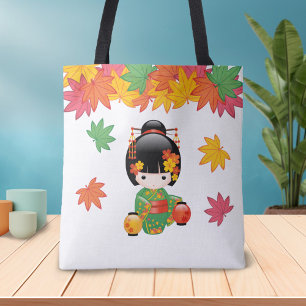 Tote Bag Chute Poupée Kokeshi - Green Kimono Geisha Girl