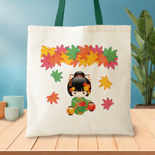 Tote Bag Chute Poupée Kokeshi - Green Kimono Geisha Girl