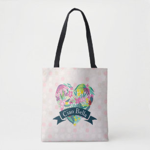 Tote Bag Ciao Bella Cute Coeur Floral sur Cercles roses