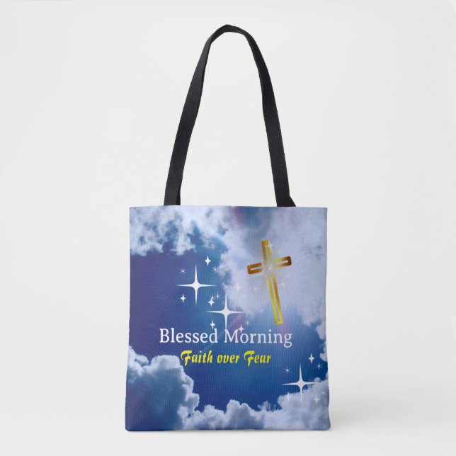 Tote Bag Ciel bleu avec nuages blancs et Croix d'or (Devant)