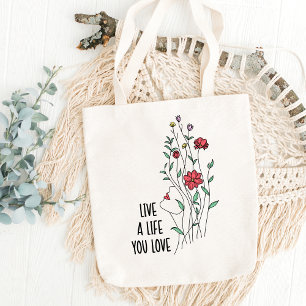 Tote Bag Citation de l'amour de soi florale Vivre une vie q