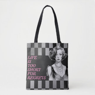 Tote Bag Citation rose" La vie est trop courte" Gris & Noir