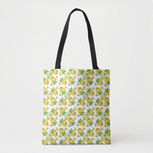 Tote Bag Citron et Limon avec Feuilles verts Jaune et Vert (Devant)