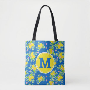Tote Bag Citrons bleus et jaunes d'été motifs floraux