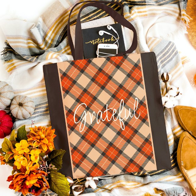 Tote Bag Citrouille d'automne classique Orange Brown Tartan (Créateur téléchargé)