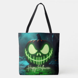 Tote Bag Citrouille d'Halloween lumineuse verte effrayante
