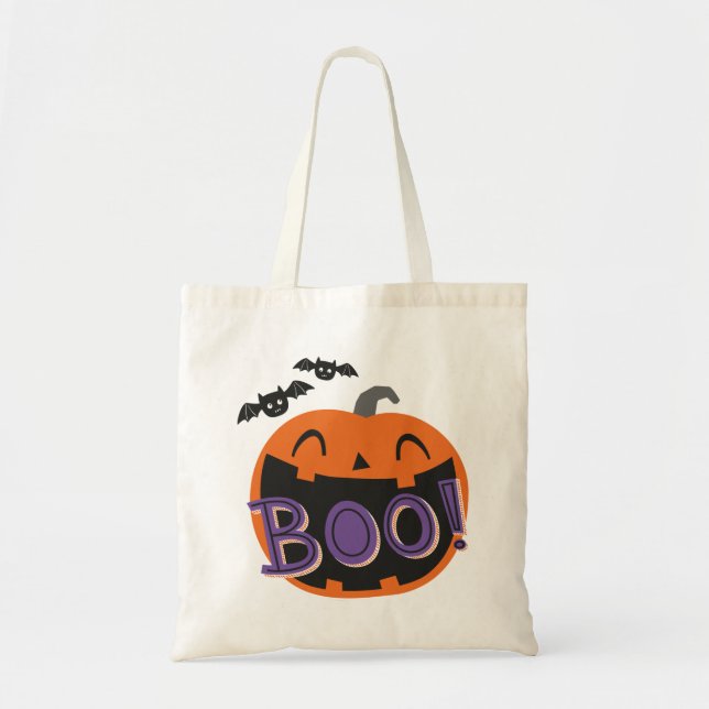 Tote Bag Citrouille d'Halloween mignon avec Boo manuscrit (Devant)