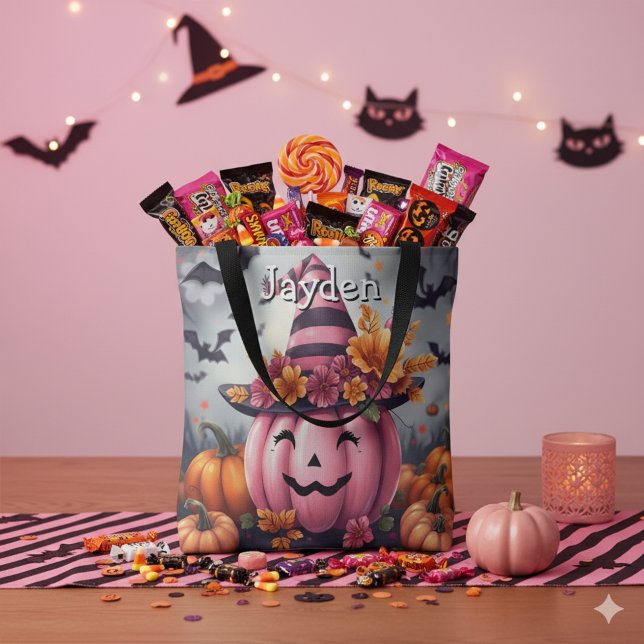 Tote Bag Citrouille d'Halloween rose personnalisée (Créateur téléchargé)