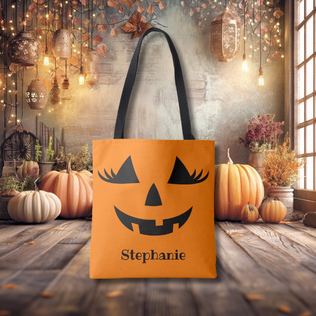 Tote Bag Citrouille Jack-o'-lantern Lashes Avec Prénom (Créateur téléchargé)