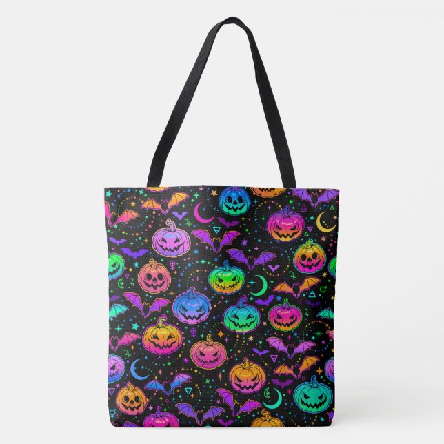 Tote Bag Citrouilles de Neon Bats et Jack-o-Lanterns (Devant)