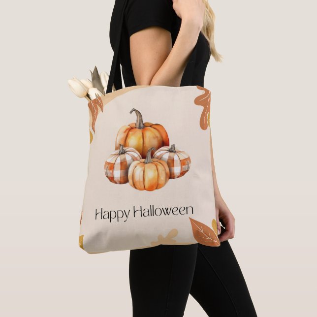 Tote Bag Citrouilles orange et blanc placés Halloween Brown (De près)