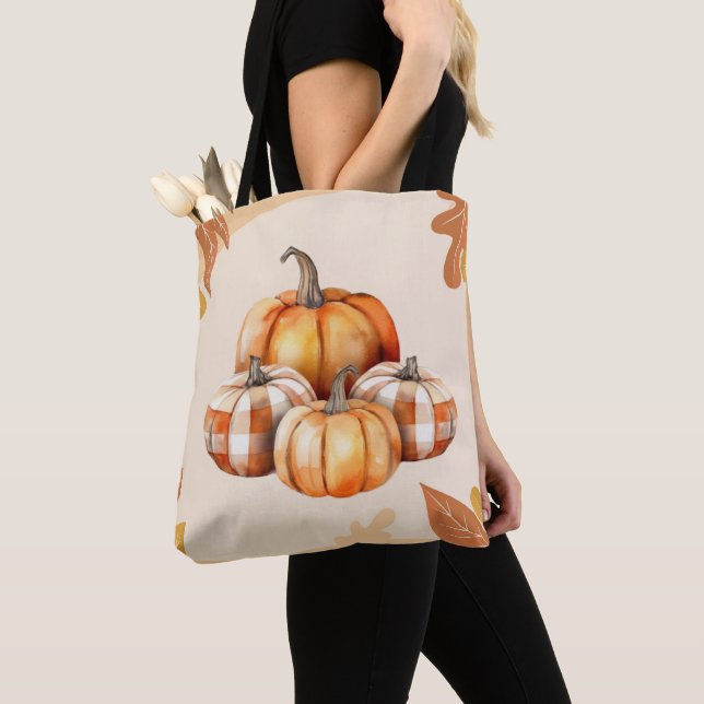 Tote Bag Citrouilles orange et blanc placés Halloween Brown (De près)