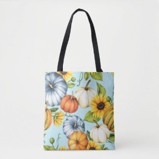 Tote Bag Citrouilles, tournesols, aquarelle