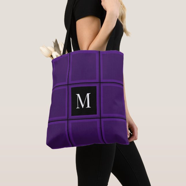 Tote Bag Clair Royal violet rayé personnalisé unique initia (De près)