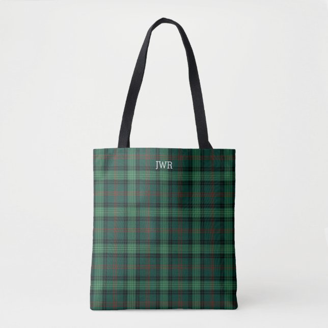 Tote Bag Clan Ross Chasse Tartan Green Plaid Monogramme (Devant)