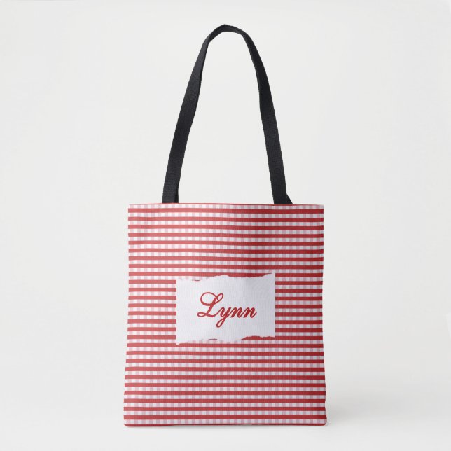 Tote Bag Classic Red & White Gingham | Personalized Name (Devant)